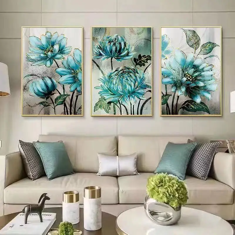 Flowering And Wealthy Nordic Living Room Decoration Painting Fresh Green Plant Triptych Modern Minimalist Peony Warm