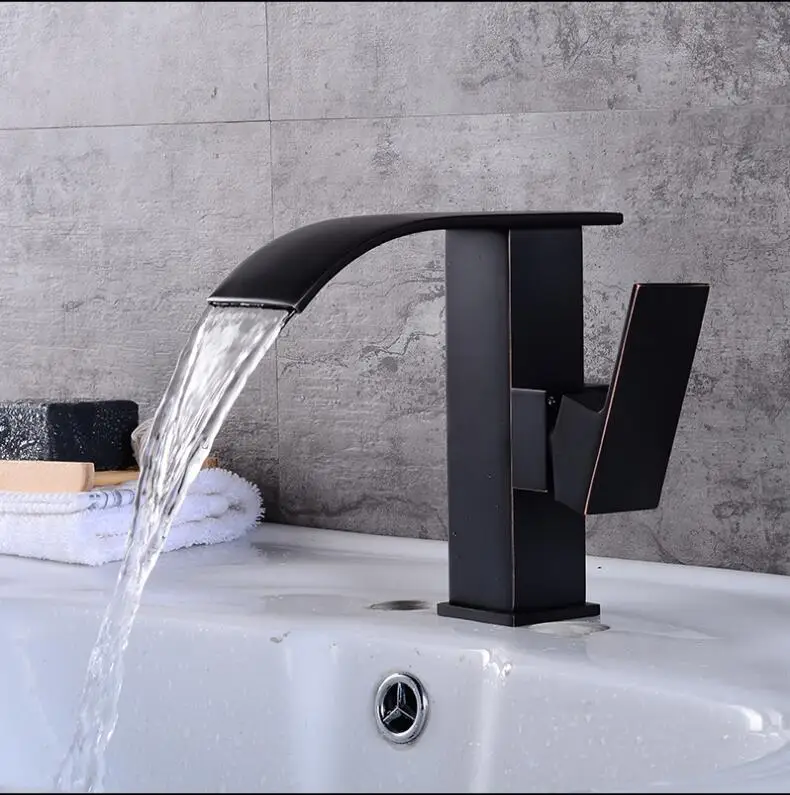 

Vidric New Arrivals Black Oil Brushed Bathroom Faucet hot and cold Brass Basin Faucet Waterfall Sink Faucet Single Handle water