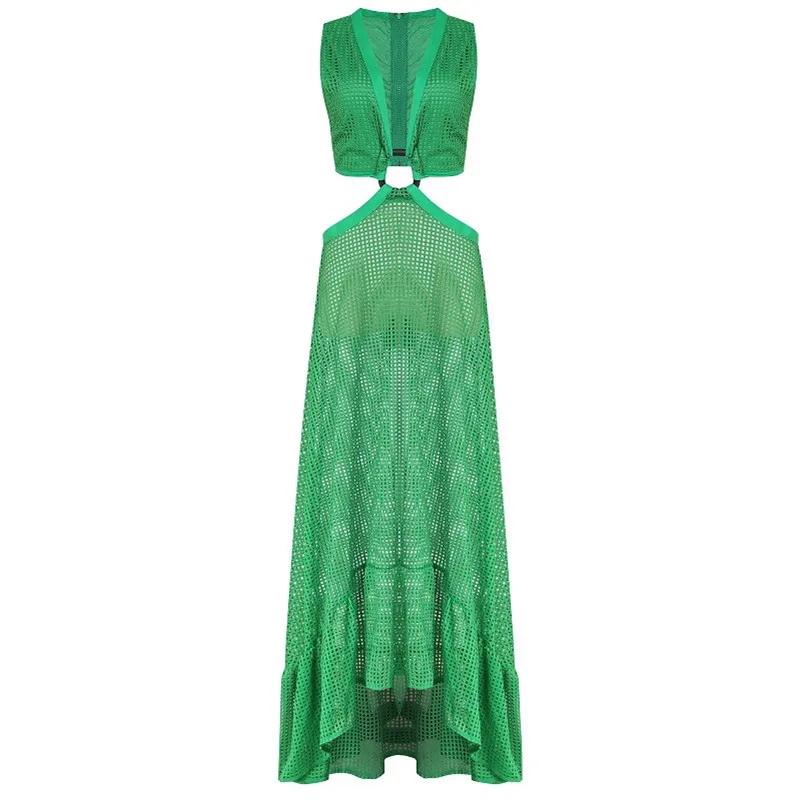 Fashion Women\'s Dresses Bohemian Women Grid Big Swing Sexy V Neck Sleeveless Dress Long Skirt Floor Length Two-piece Suit