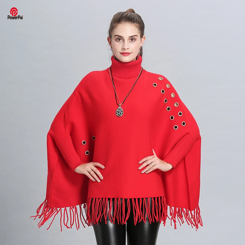 

Fashion Hollow Rhinestone Cashmere Poncho Sweater Women Loose Tassels Bat Sleeves Pullover Turtleneck Autumn Winter New Tops