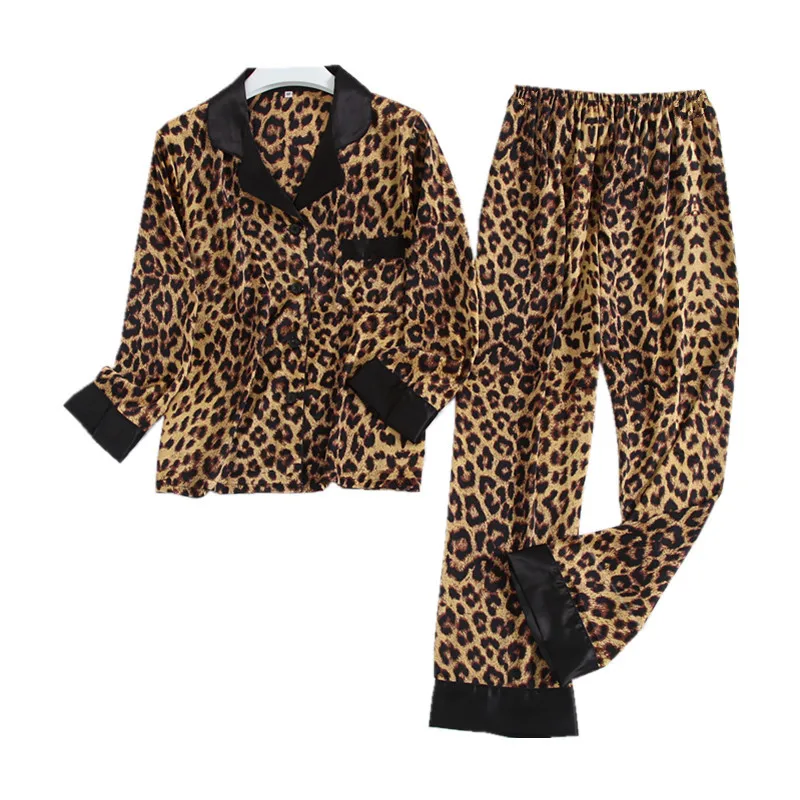 Sexy feminino leopardo cetim pijamas primavera outono impresso rayon feminino pijamas de manga longa casa terno duas peças conjunto nightwear