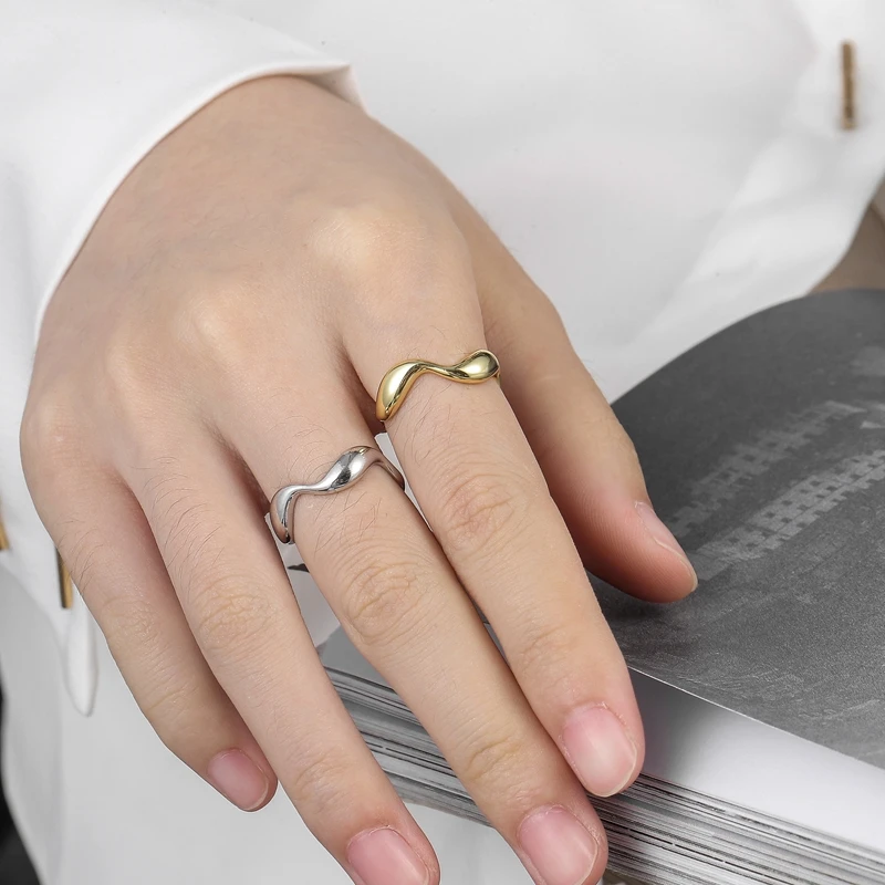 Trendy Silver Color Smooth Irregular Waves Gold Color Ring Geometric Open Finger Ring For Minimalist Accessories Gift S-R721 image 2