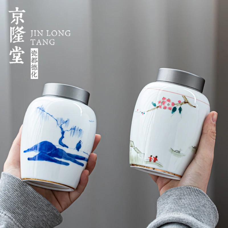 

Hand-Painted Ceramic Whiteware Tea Containers Tin Cover Sealed Storage Jar Household Moisture-Proof Tea WarehouseTea Jar Tea Box