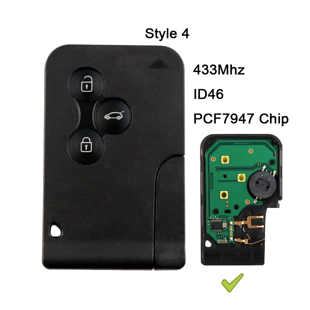 Yiqixin-3 Botão Smart Key Card, 433Mhz, ID46, PCF7926, PCF7947, Chip para Renault Megane 2, 3, Scenic Grand 2003-2008, chave remota do carro