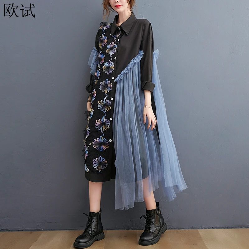 Women Vintage Patchwork Floral Long Sleeve Mesh Dress Summer Spring Woman Casual Korean Dresses Ladies New Arrival Dress 2023