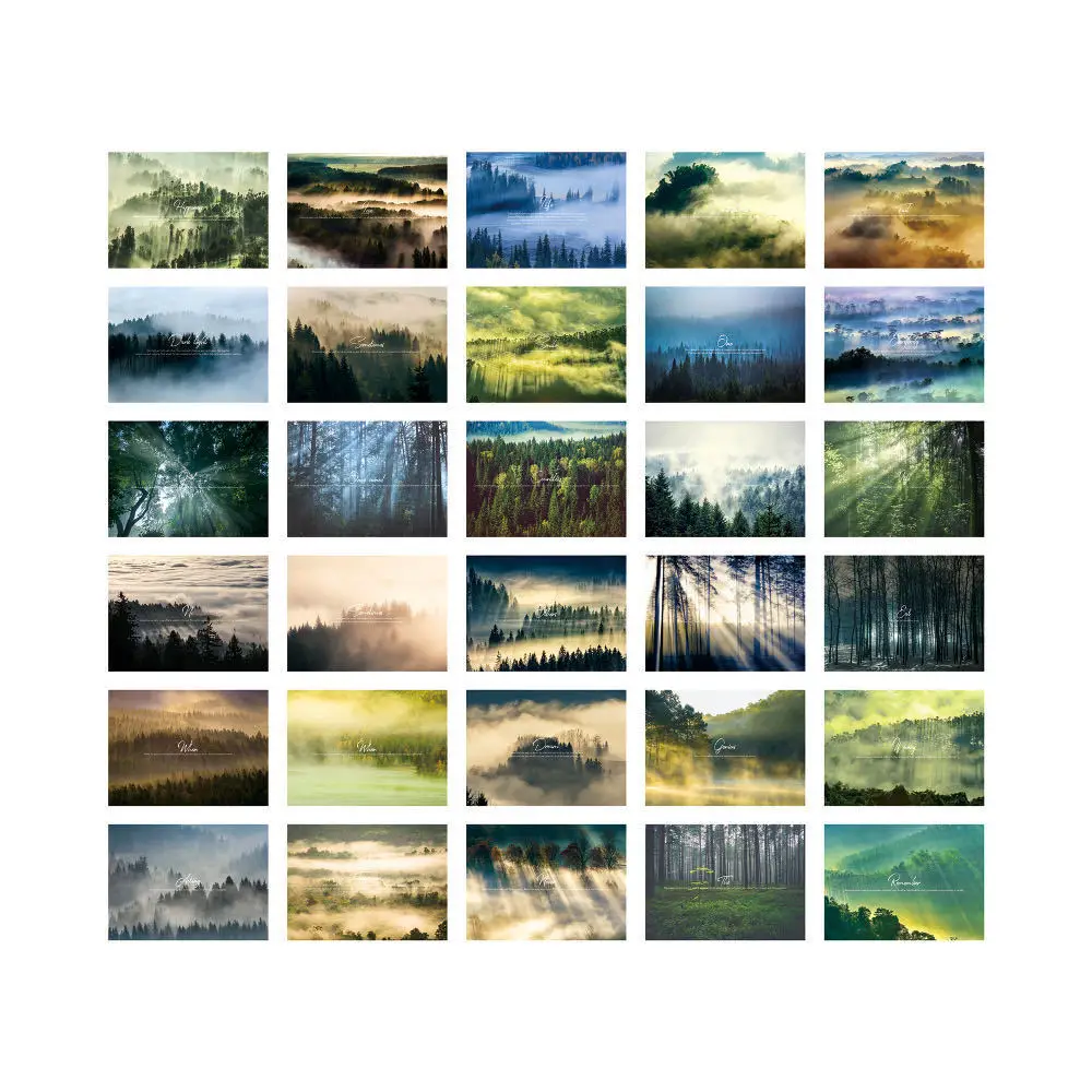30 sztuk/zestaw las spowity mgłą z klasyczną angielską frazą wybór karty podarunkowe krajobraz fotografia leśna pocztówki