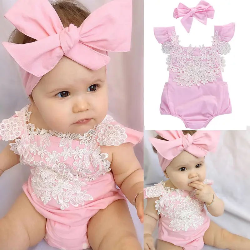 2 PCS Newborn Infant Baby Girls sleeveless Rompers Lace Floral Jumpsuit Playsuit Outfits Sunsuit