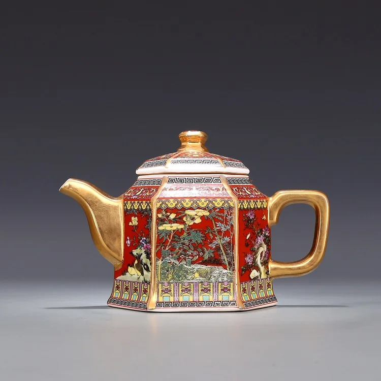 Jingdezhen Antique Qianlong Enamel Gold Teapot With Handle Hexagon Teapots With Flowers And Birds Pattern Ancient Ceramic Pot