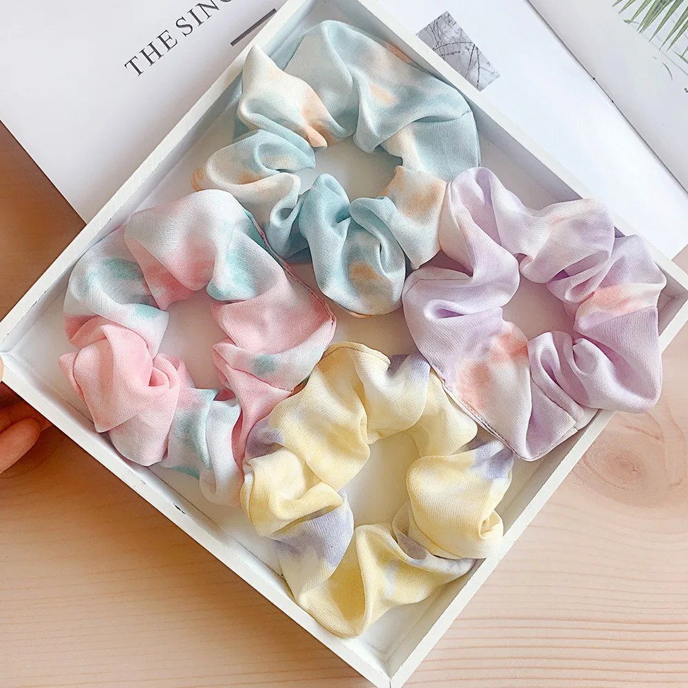 Bright Color Silk Scrunchie Set Women Elastic Hair Bands Tie dye Scrunchy Hair Ties Rope 4pcs Lot Chouchou Vintage Accessory