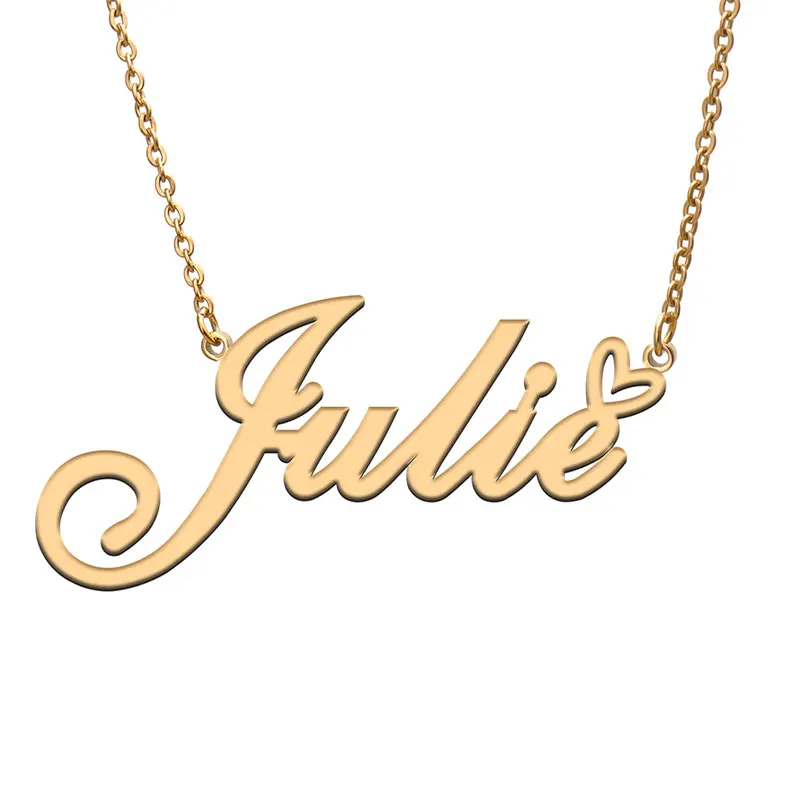 Julie with Love Heart Name Necklace for Women Stainless Steel Jewelry Nameplate Pendant Femme Mother Child Girls Gift