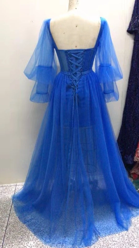 LORIE Blue Prom Dresses Sweeteart Appliques Long Puff Sleeves Tulle Split Arabic Evening Gown Corset Party Dress 2024 Customized