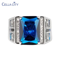 Cellacity Classic Silver 925 Jewelry Rings For Man Rectangle Shape Sapphire Gemstones Open Adjust Size Fine Jewelry Gifts