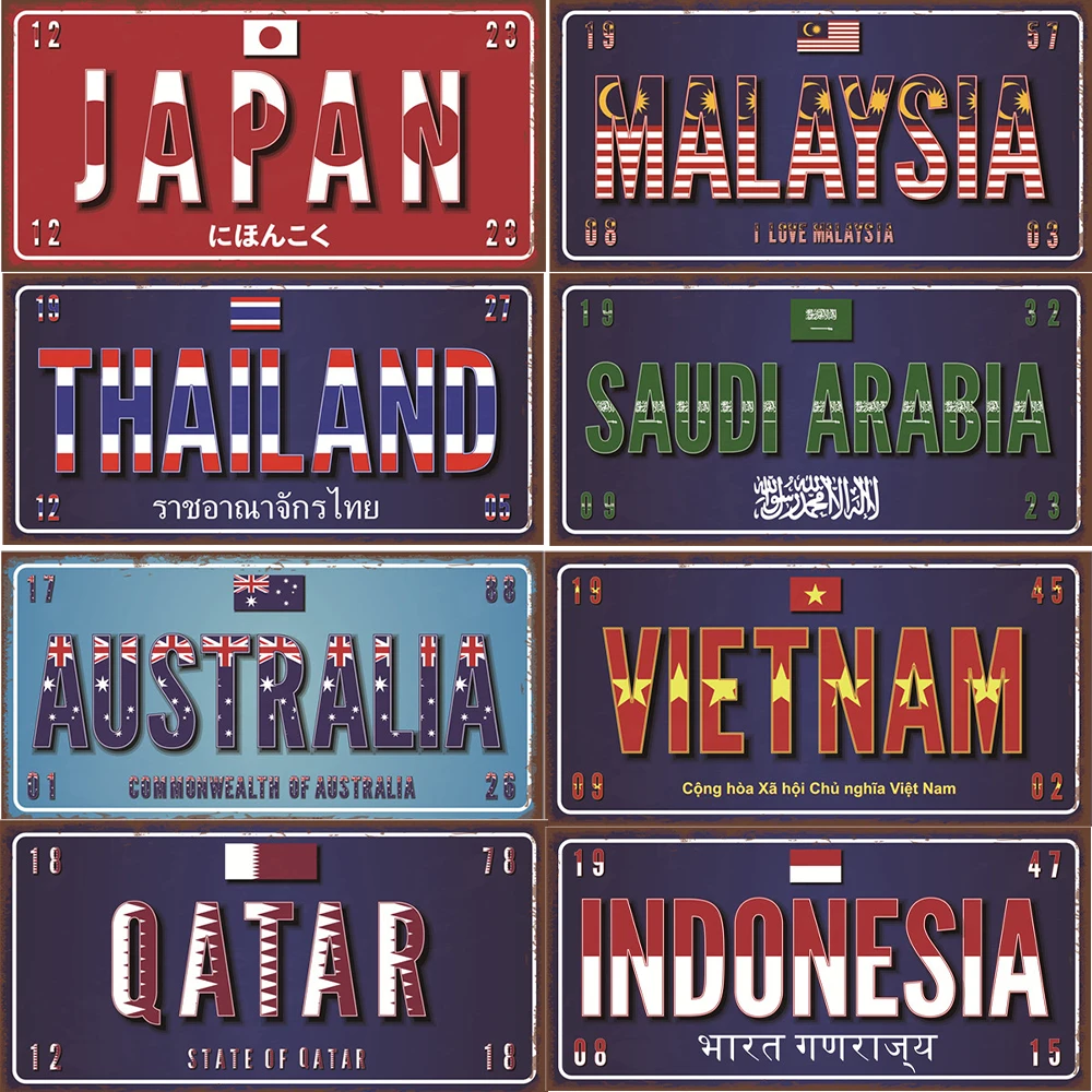 Asia Countries Name Flag Plate Poster Vintage Home Decor Retro Metal Tin Signs Pub Car Garage Wall Art Decor