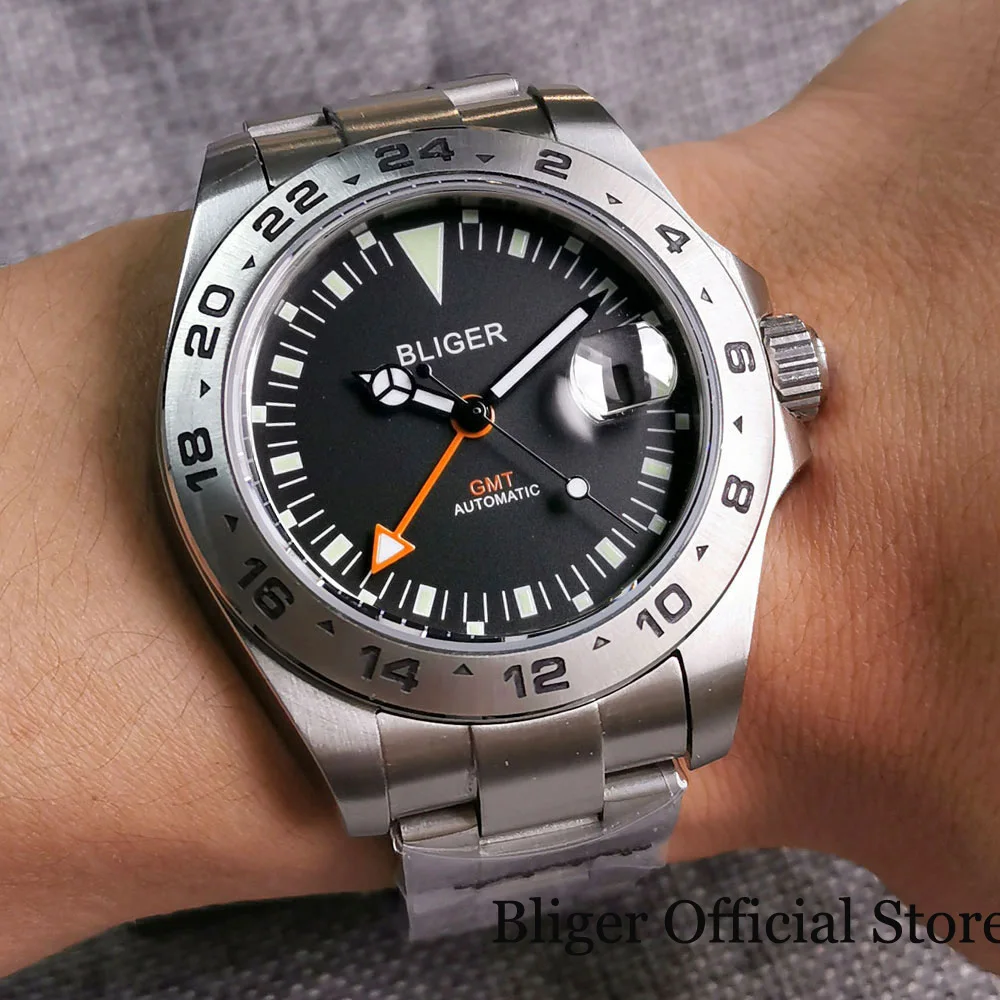 

BLIGER Black 43mm GMT Automatic Men Watch Orange Hand Brushed Steel Bracelet Steel Fixed Bezel Black Hand Sapphire Glass