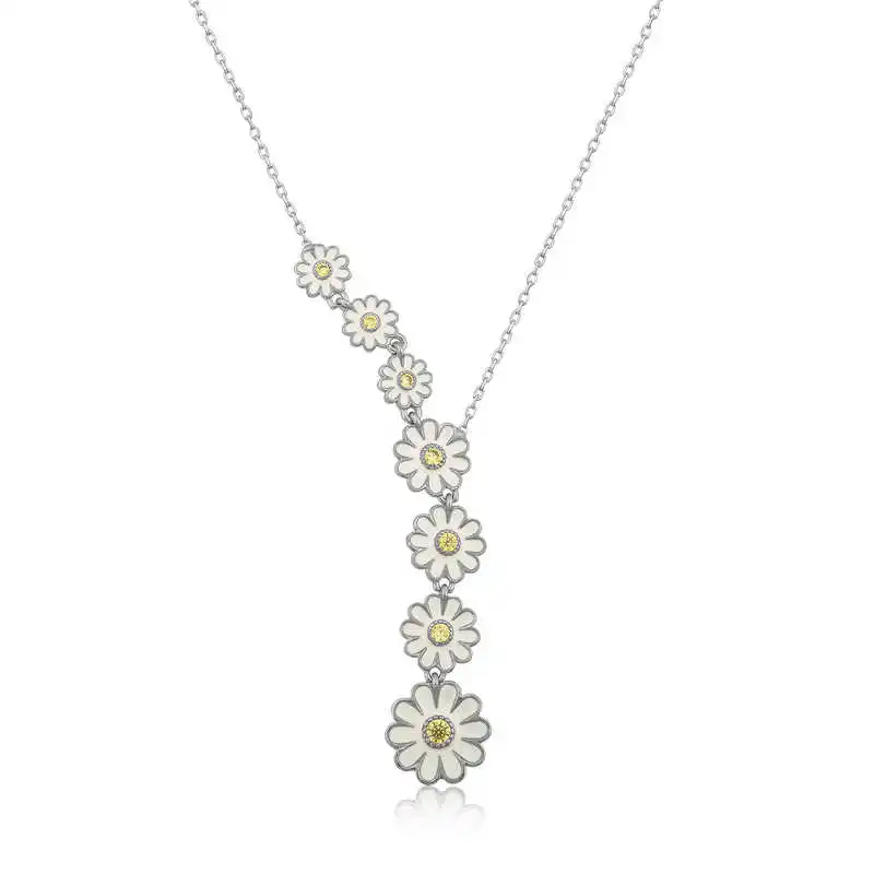 Silver Row Daisy Necklace Zircon Stone 925 Sterling Women Fine Jewelry Wedding Party Birthday Gift - Box - Pendant - Chain Choker - Female - Ladies - Fashion