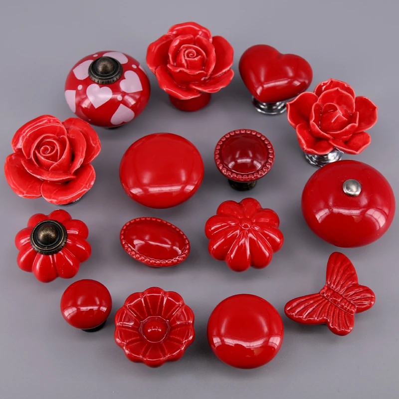 1x Euro Design Cute Ceramic Knobs and Handles Door Cupboard Drawer Kitchen Pull Knob Red Handicraft Handle for Kids Furniture