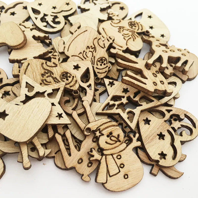 50Pcs Mixed Natural Wooden Chip Craft Scrapbook DIY Santa Claus Christmas Tree Hanging Ornaments Pendant Kids Gifts Snowman Tree