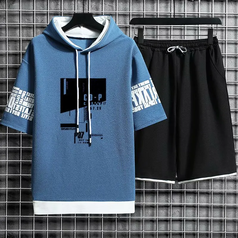 Hip Hop Men\'s Sets Streetwear Hooded Short Sleeve T Shirts+Casual Elastic Waist Shorts Fashion Men Clothing Tracksuit Men Sets