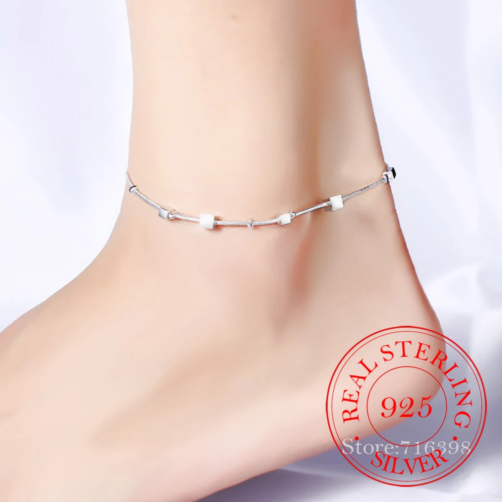 Nowy 2021 kwadratowe koraliki Anklet dla kobiet oryginalna 925 Sterling Silver Fashion Foot Leg Chain Link elegancka biżuteria na prezent