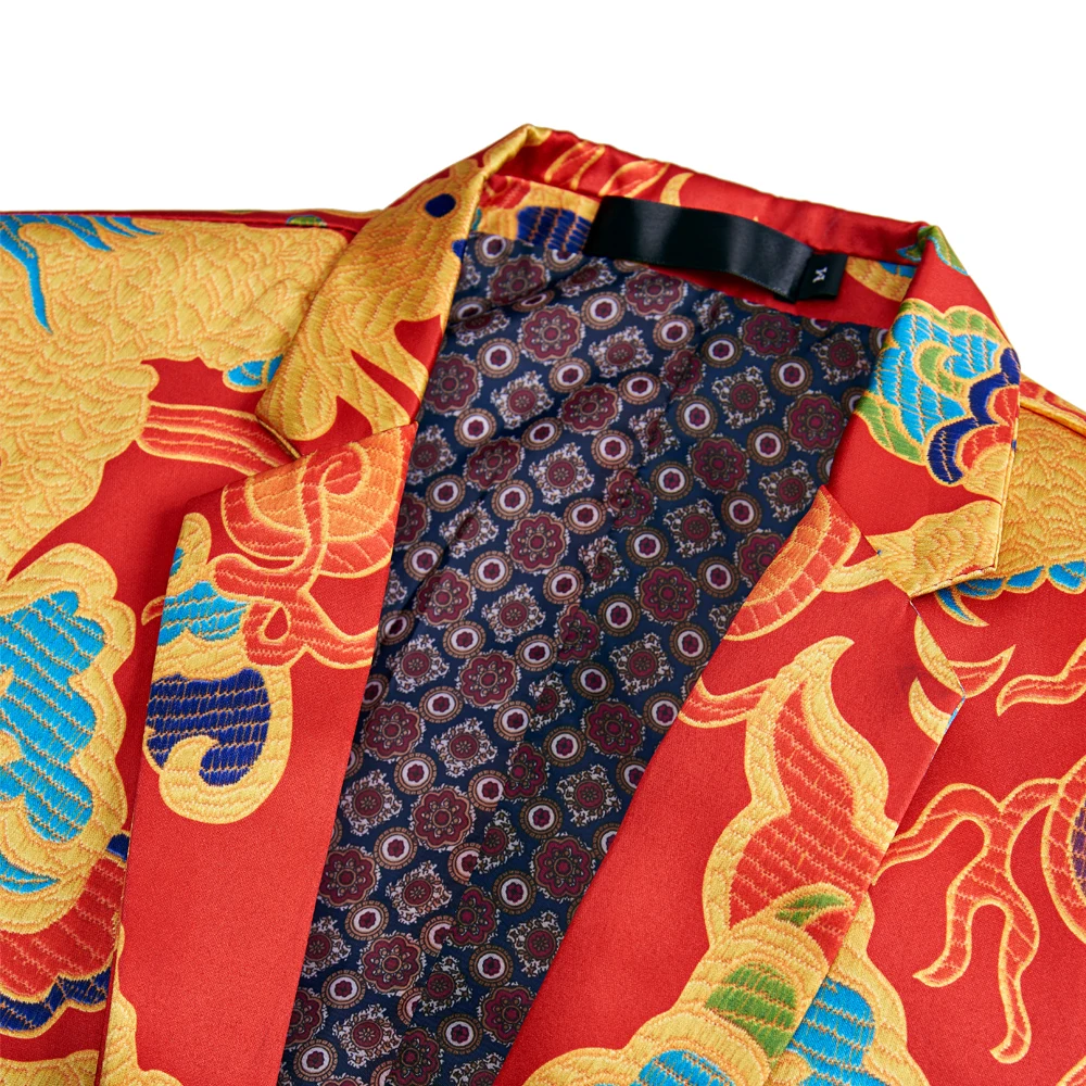 Men Casual Blazer Print Red Dragon Pattern Design DJ Club Singer Costume Slim Fit Suit Jacket Coat