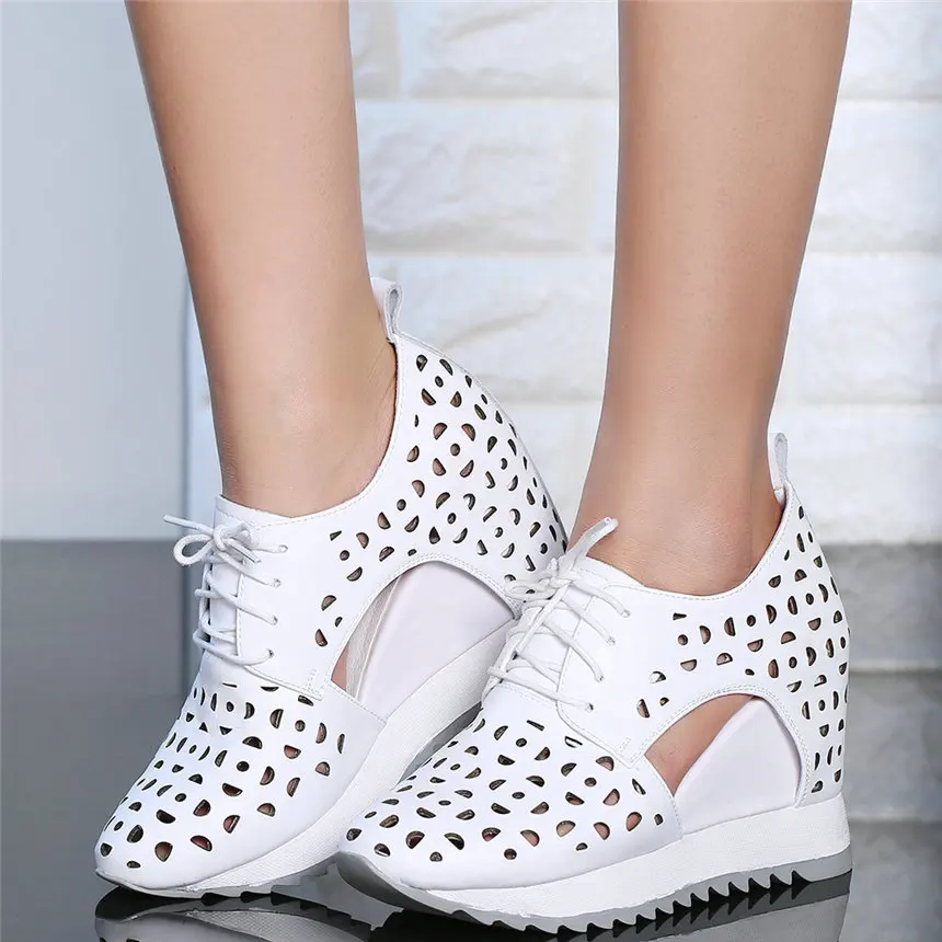 Platform Pumps Shoes Women Lace Up Genuine Leather Wedges High Heel Ankle Boots Female Round Toe Fashion Sneakers Casual Shoes