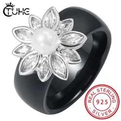 Romantic and Shiny Flower Ring 8mm WHITE White Freshwater Pearl Ring Healthy Ceramic Material Best Mother's Day Gift for Woman