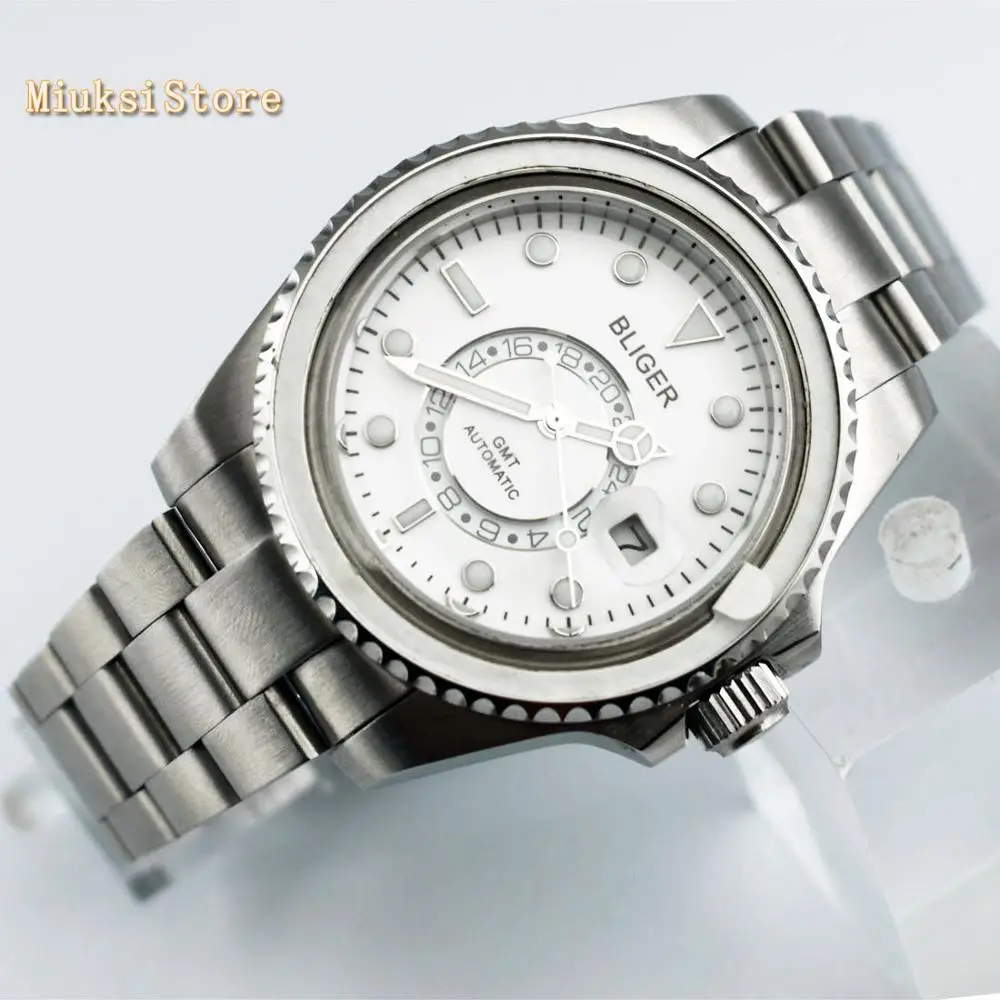 Bliger 43mm white dial luminous marks sapphire glass ceramic bezel date GMT automatic mens top mechanical watch