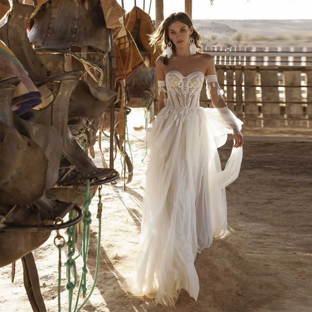 Sexy White Sweetheart Wedding Dresses  Puffy Tulle Floor Length Bridal Gowns Off The Shoulder Spring Robe De Mariée Summer 2022