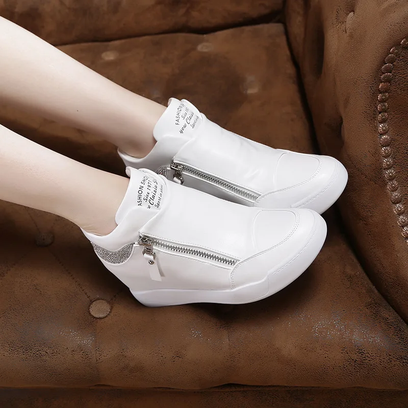 Plus Size 42 Women Wedge Sneakers Side Zipper PU Leather Casual Flat Shoes Sequins Thick Bottom White Shoes Internal Heighten