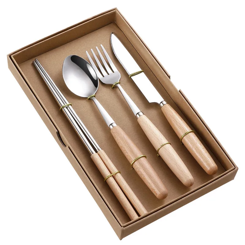 New Steel Wooden Handle Tableware Set Spoon Chopsticks Knife Fork Gift Set