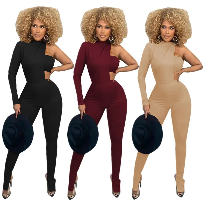 Sexy Knitted Ribbed 2 Piece Sets Womens Outfits Clubwear Party Bodysuit Tops and Pants Suits One Shoulder Birthday Matching Sets