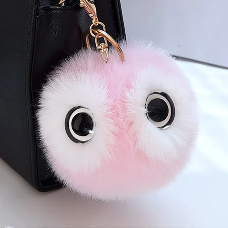 Rabbit Fur Ball Panda Pompom Keychain Fluffy Pom Pom Owl Gold Key Chain Holder Women Bag Charms Toy Trinket Gift