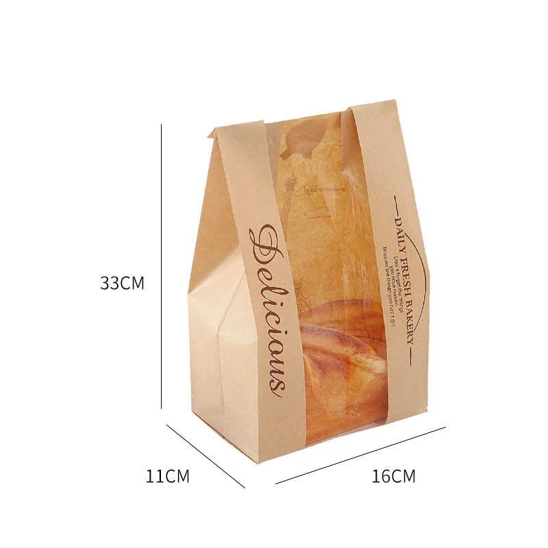 20PCS 33x16x11cm Paper Bread Bags For Bakery Kraft Bags For Food Toast Bread Bag Window Baking Packaging With Sticker Oil Proof