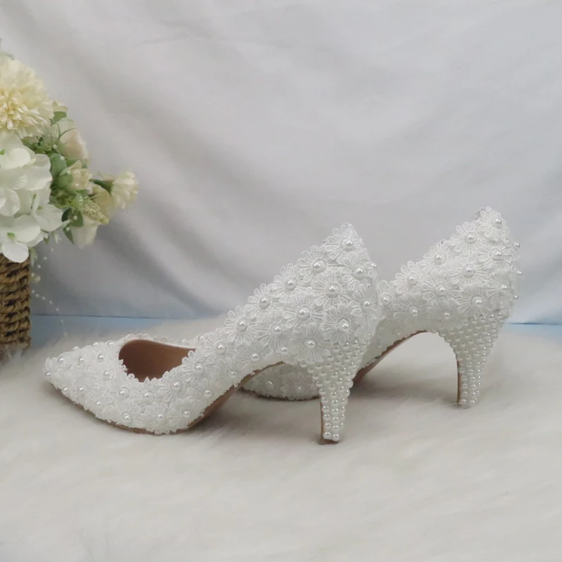 BaoYaFang Brand White Flower Pearl Bridal wedding shoes and Purse Set Pointed Toe Thin High Heel Party Evening shoes and bag set