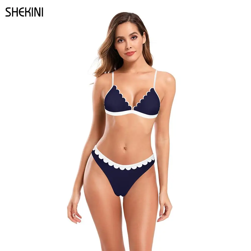 SHEKINI Women's V Neck Scalloped Triangle Bikini Sets Low Waist Swimming Bottom Two Piece Swimsuits Beach Bathing Suits Swimwear