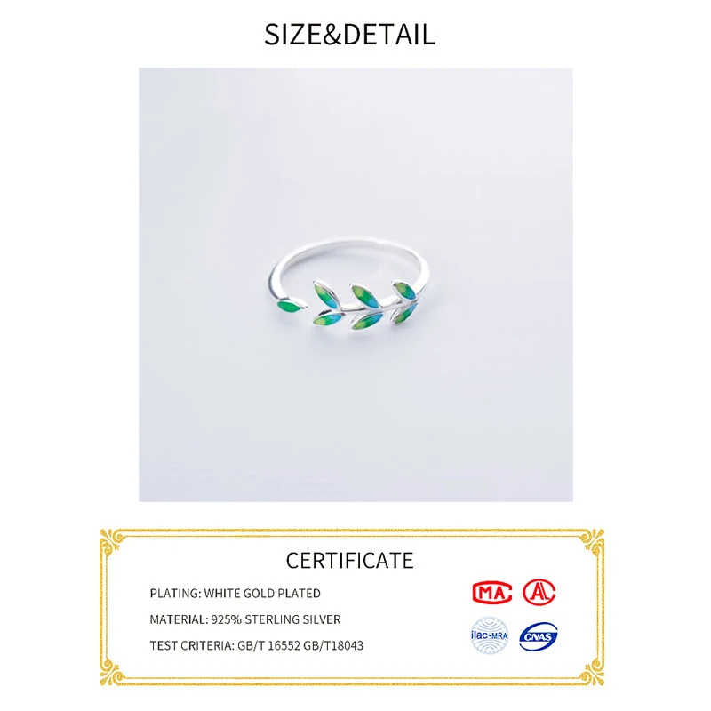 Anelli di apertura ridimensionabili alla moda femminili alla moda in argento Sterling 925 con temperamento creativo fatto a mano in foglia verde