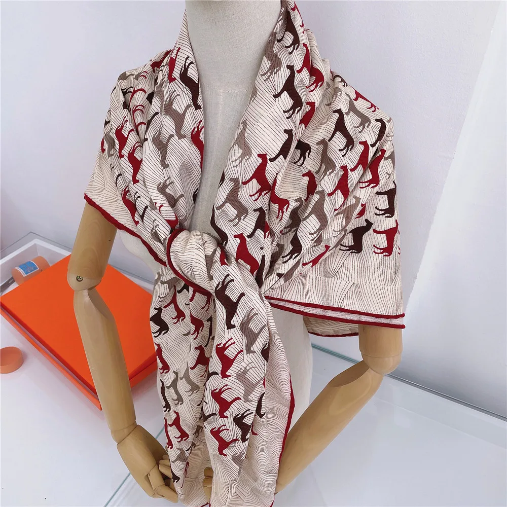 POBING Silk Cashmere Scarf Women Hand Rolled Shawls Horse Print Square Scarves Wraps Lady Bandana Big Hijabs Female Foulards