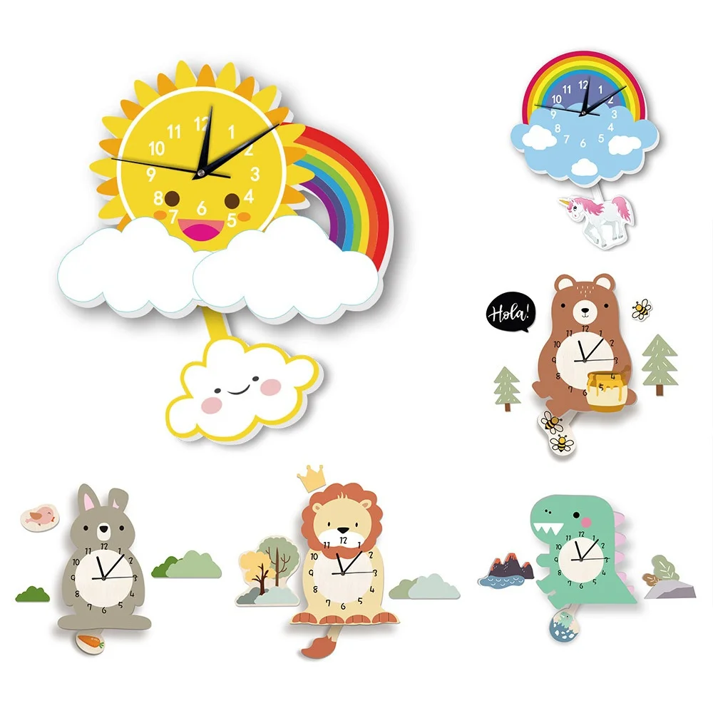 

Rainbow Sun Child's Room Pendulum Clock Cute Animal Boy Girl Bedroom Decoration Wall Clock Nursery Decor Cartoon Clock Kids Gift