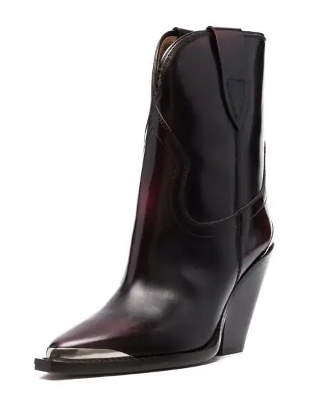 Winter New Retro Apricot Sliver Black Burgundy Metal Pointed Toe Mid-calf Boots Woman British Style Chunky Heels Slip On Boots