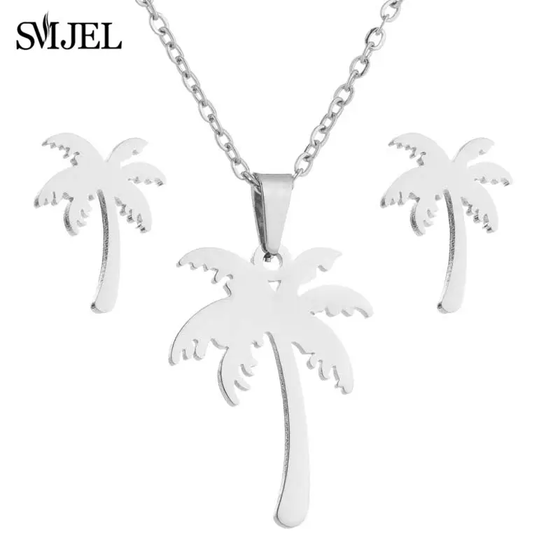 New Stainless Steel Coconut Tree Necklace For Women Lover's  Hawaii Beach Palm Tree Earrings Necklaces Engagement Jewelry Gifts