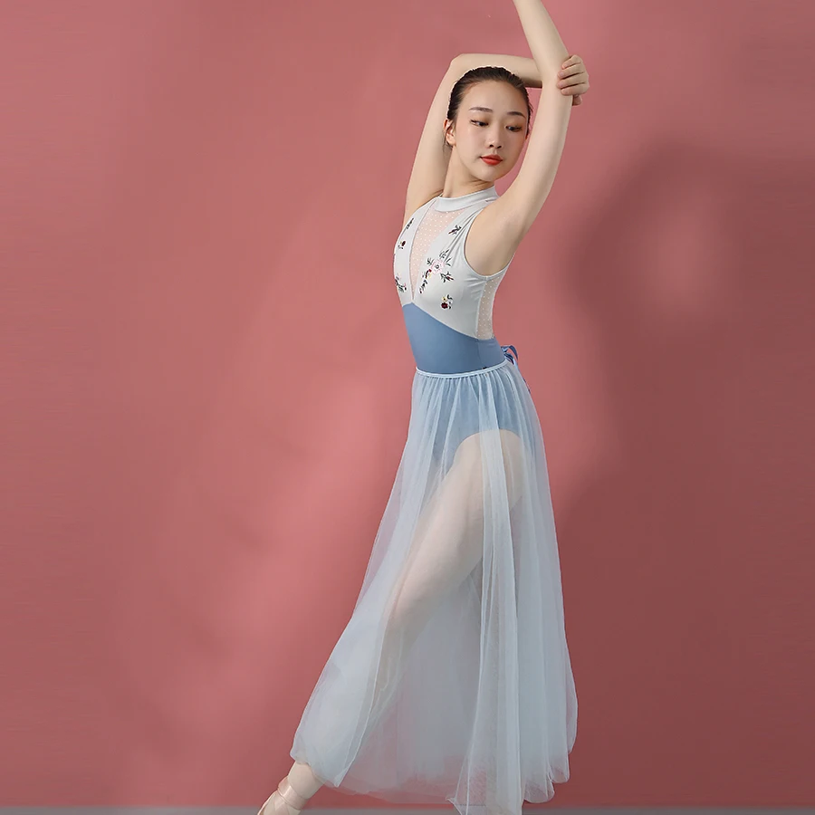 Emborideried Flower Sleeveless Tank  Dance Leotard Women High Neck Elegant Blue Leotards for Girls Gymnastics Ballet Coverall