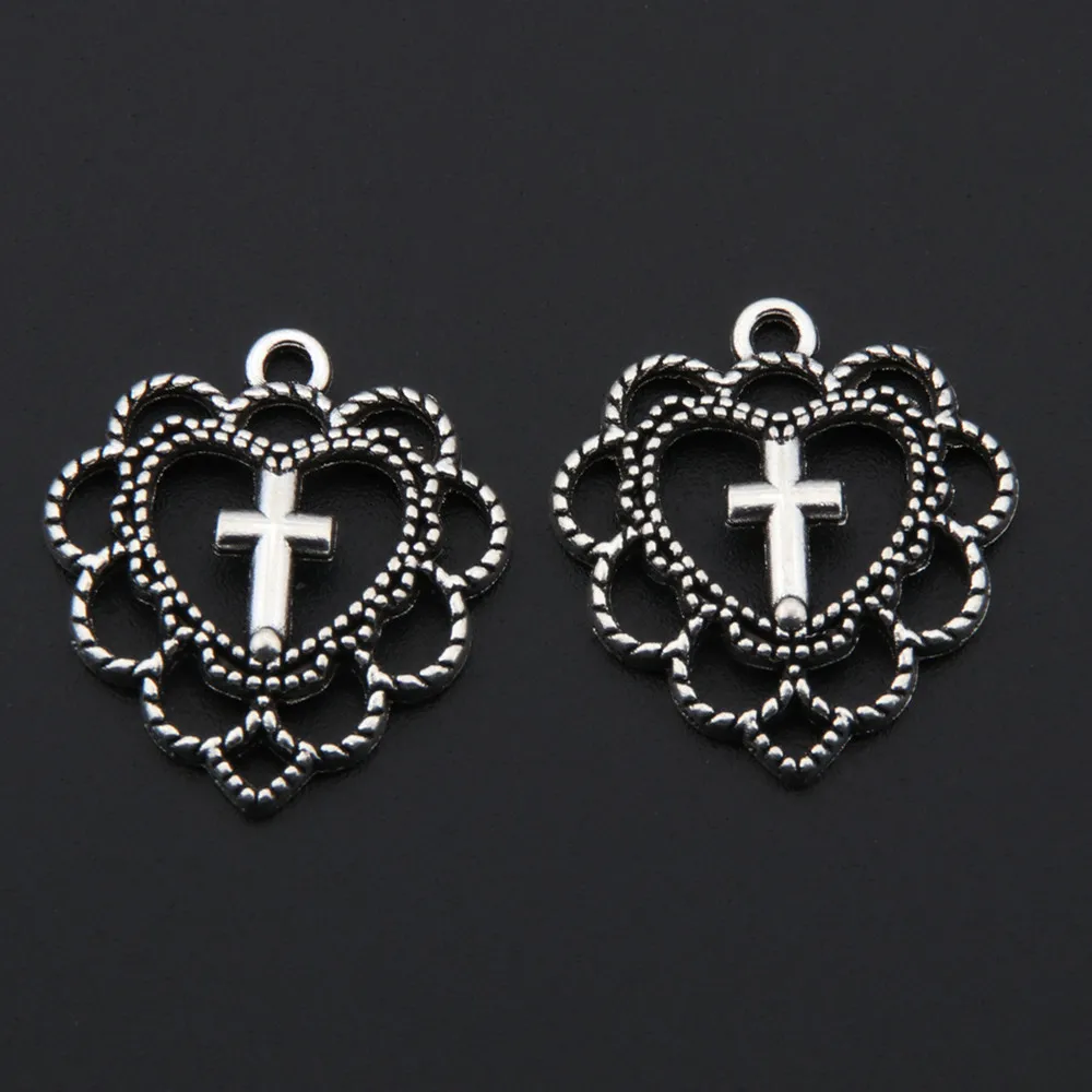 20pcs  Silver Color Heart Shaped Cross Charms Pendant For Women Earrings Accessories Jewelry Supplies 20x22mm A3331