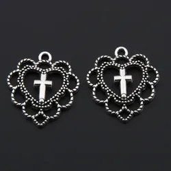 20pcs  Silver Color Heart Shaped Cross Charms Pendant For Women Earrings Accessories Jewelry Supplies 20x22mm A3331