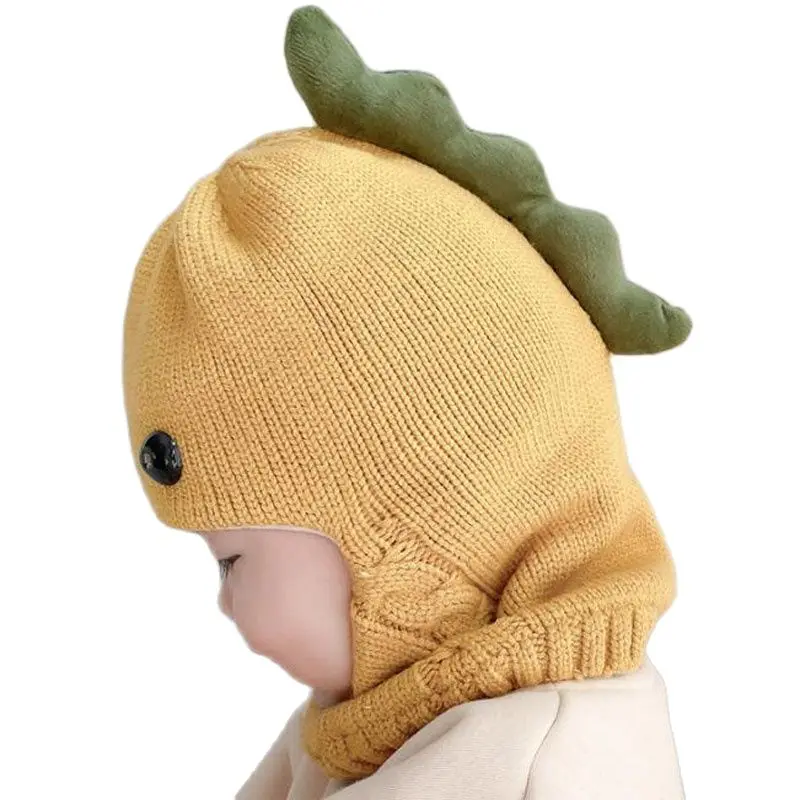 Doitbest Winter knit Baby Knitted Hat scarf one-piece Hats Kids Girl Boy Beanies Caps Warm dinosaur Earflap Hats for Children