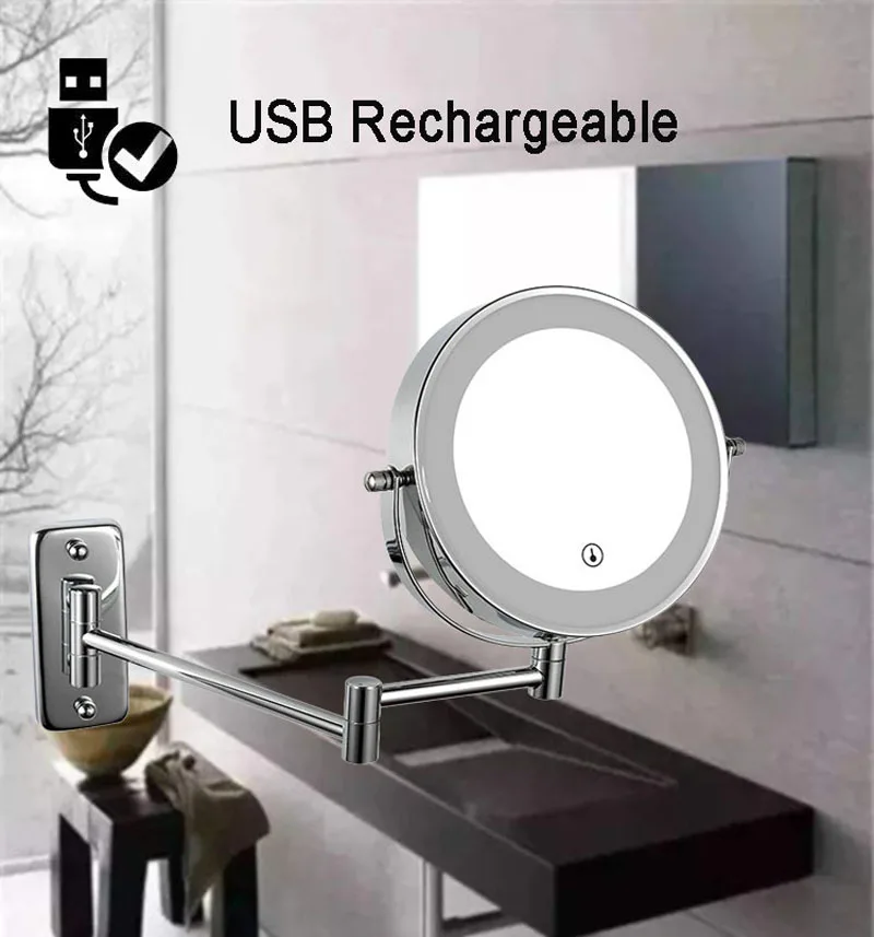 Bathroom Mirror Folding Extend Arm, USB Rechargeable 2-Sided Touch LED, Wall Mounted Vanity Makeup Mirror 3/5/10X Magnification