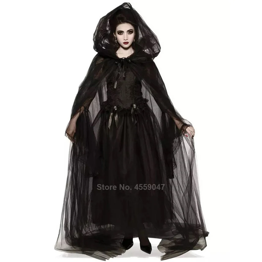 Scary Halloween Costumes for Women Ghost Bride Costume Black Dress Cloak Set Gothic Medieval Dress Vampire Devil Horror Suit