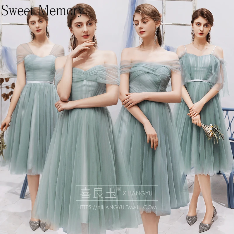 A070หญิง Vestidos Light สีเทาสีชมพู Aqua สีเขียวสำเร็จการศึกษาเดรสชุดราตรีผู้หญิง Tulle Gamis Pesta ชุดเดรสเพื่อนเจ้าสาว Sweet Memory