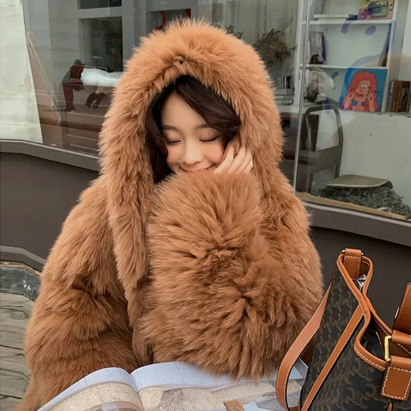 Celebrities Female Bat Sleeve Loose Hooded Korean Lmitate Fur Coat Young Women Mid-length Casual Lazy Style Fox Fur Jacket A936