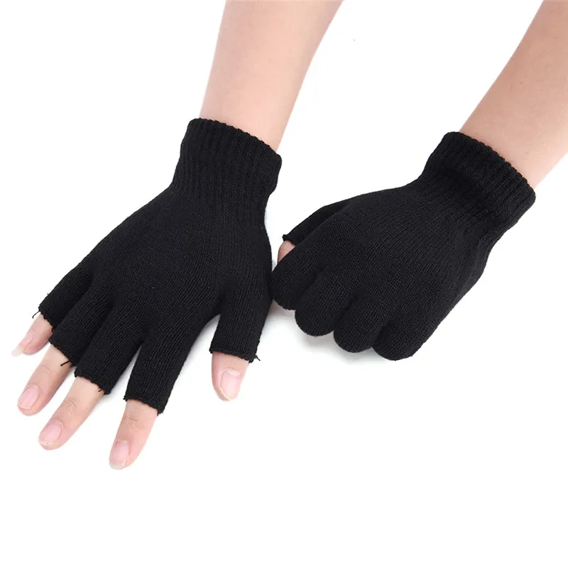 Gants de poignet en laine et coton tricotés, 1 paire, chauds d\'hiver, pour l\'entraînement, noirs, demi-doigts, pour femmes et hommes