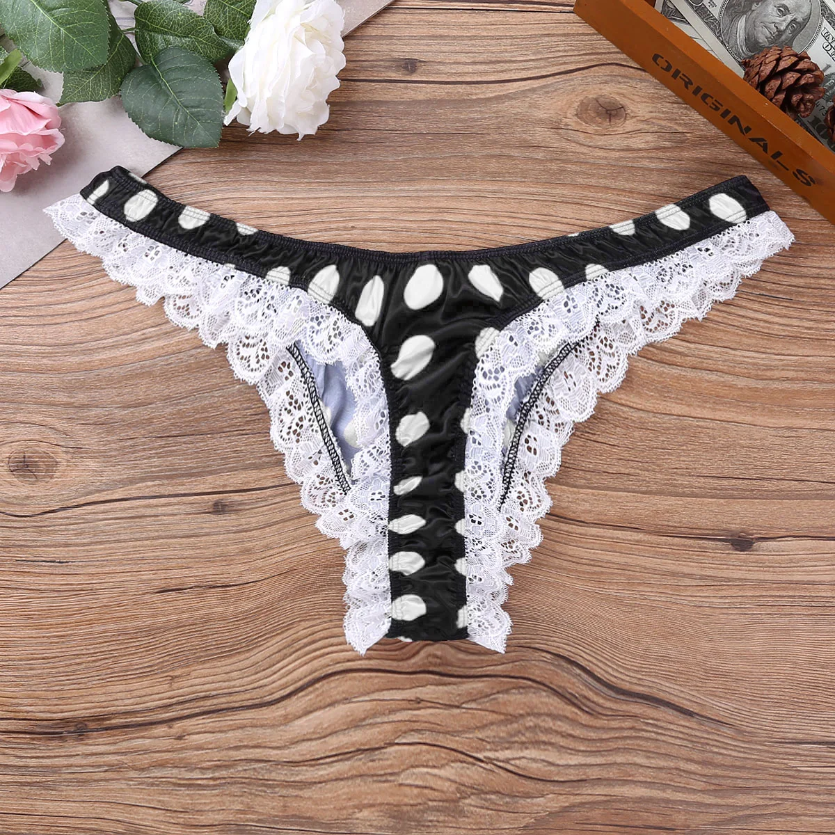 New Arrival Male Mens Lingerie Shiny Low Rise High Cut Ruffle Lace Polka Dots Bikini G-string Thong Underwear Triangle Panties